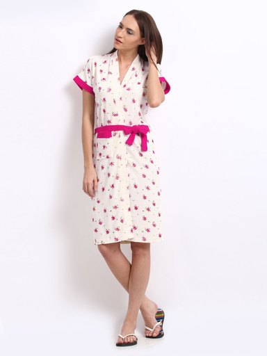 Red Rose Women Cream Floral Print Bath Robe